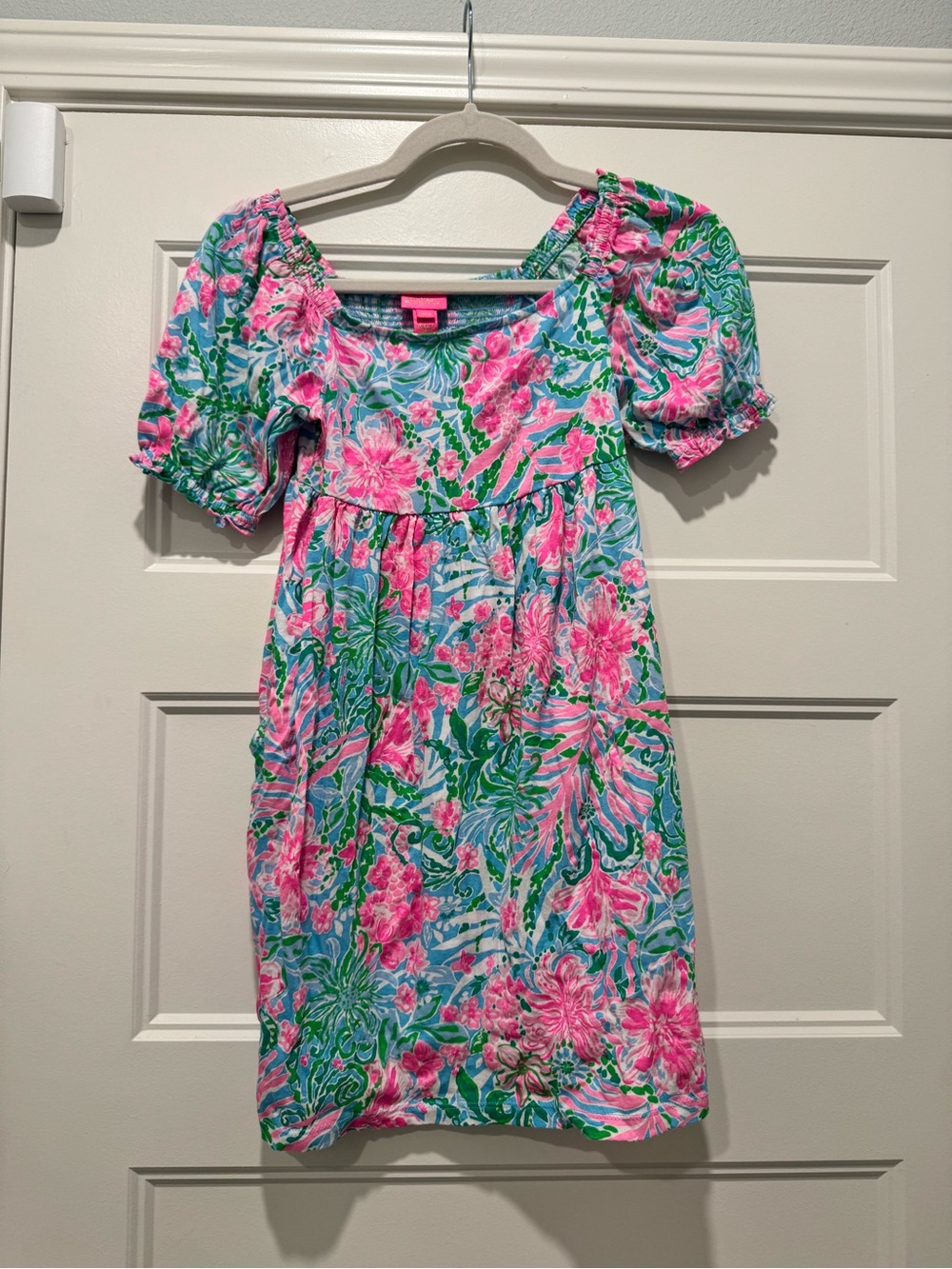 Floral Puff-Sleeve Cotton Dress in Pink & Aqua